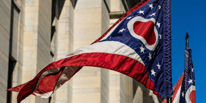 Ohio's flag waving up close.