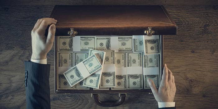 A person holds a briefcase full of money